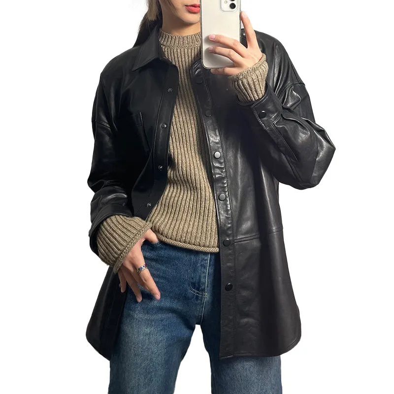 Women's Leather Trench Jacket Genuine Sheepskin Vegetable Tanned Leather Coat Lady Full Sleeve Turn Down Collar CL4020
