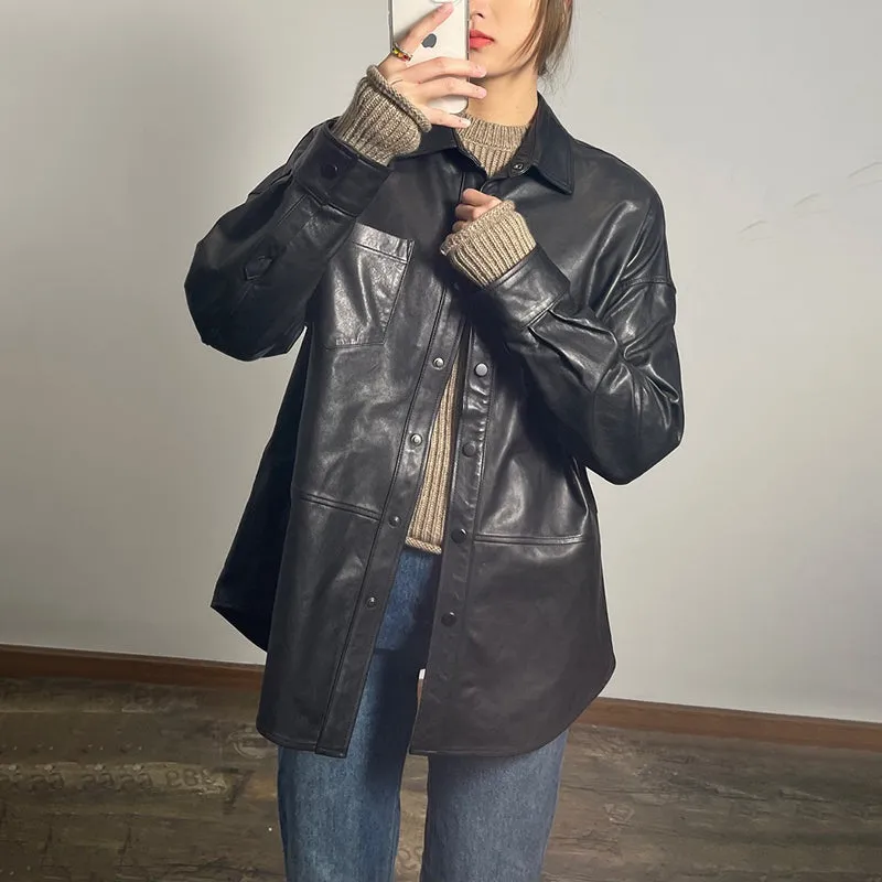 Women's Leather Trench Jacket Genuine Sheepskin Vegetable Tanned Leather Coat Lady Full Sleeve Turn Down Collar CL4020