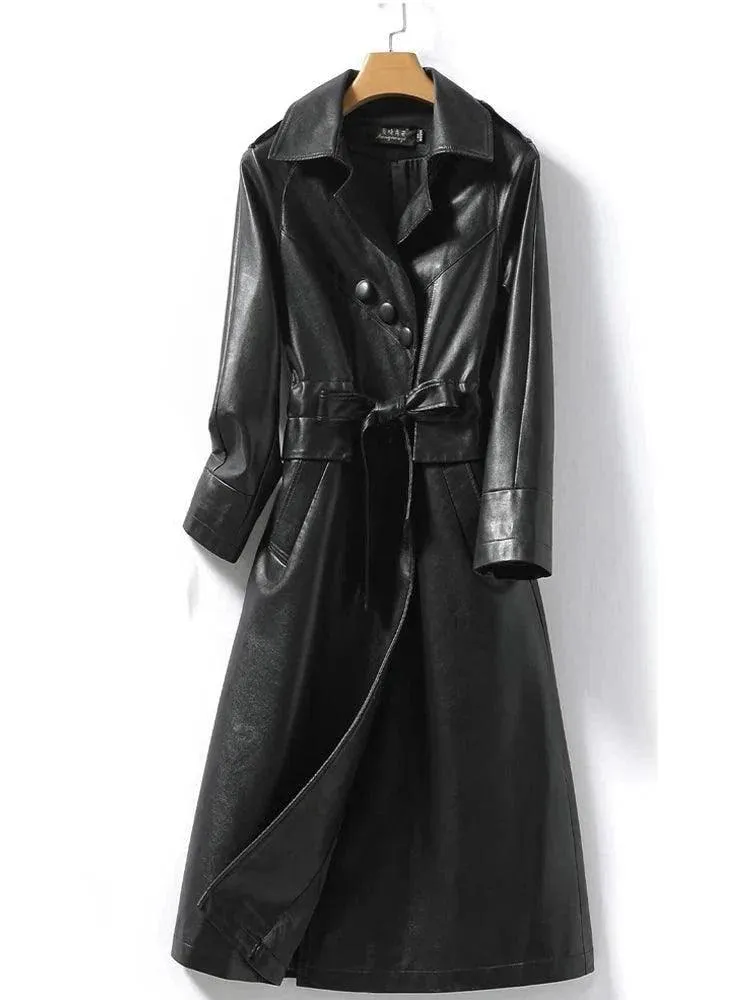 Women's Long Belted Leather Overcoat