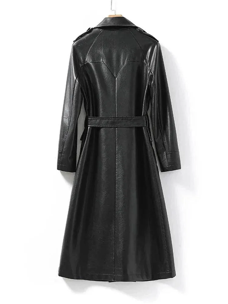 Women's Long Belted Leather Overcoat