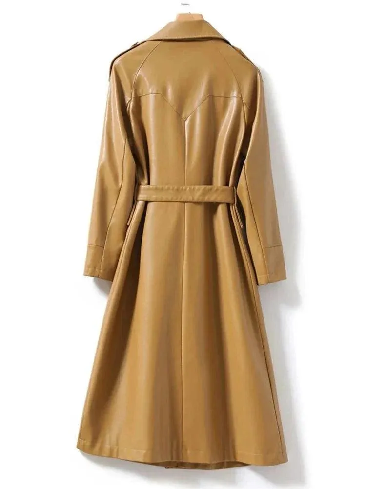 Women's Long Belted Leather Overcoat