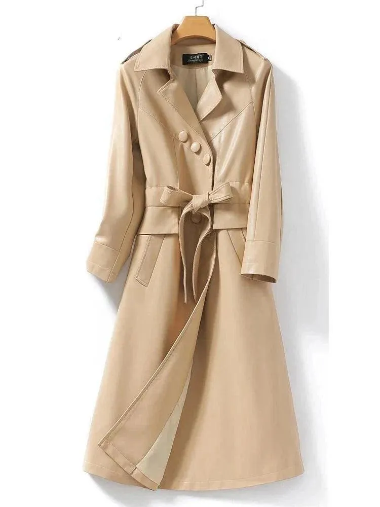 Women's Long Belted Leather Overcoat