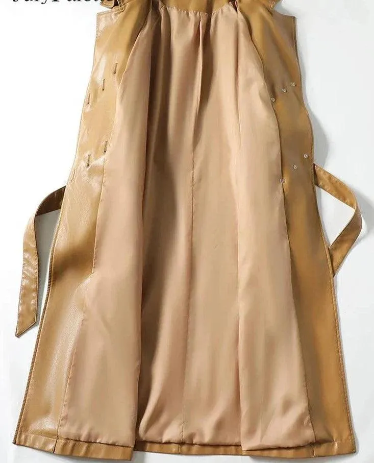 Women's Long Belted Leather Overcoat