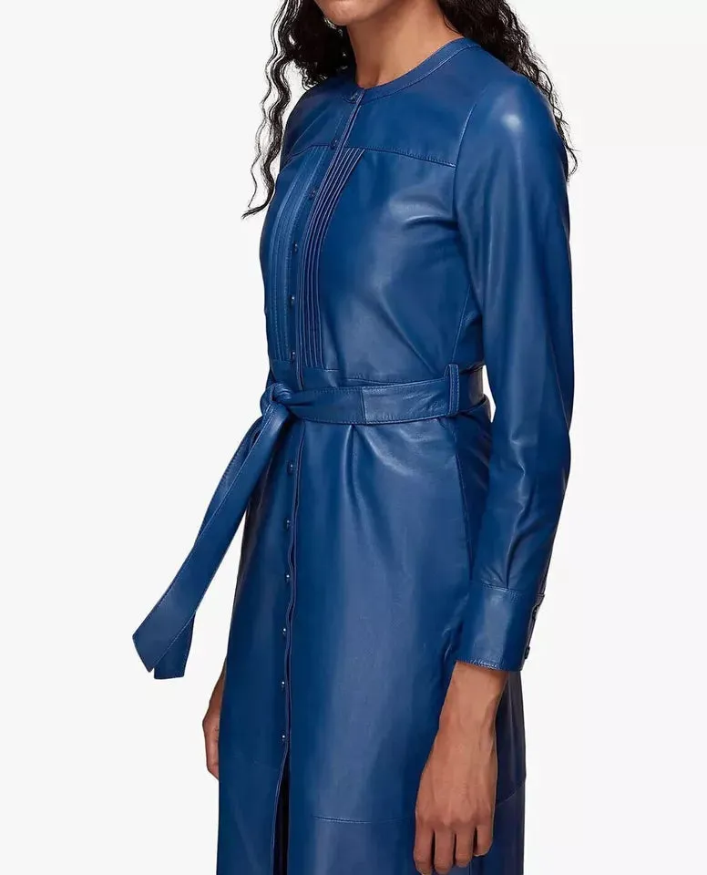 Womens New Blue Designer Leather Dress. Real Soft Sheepskin Leather Casual Dress