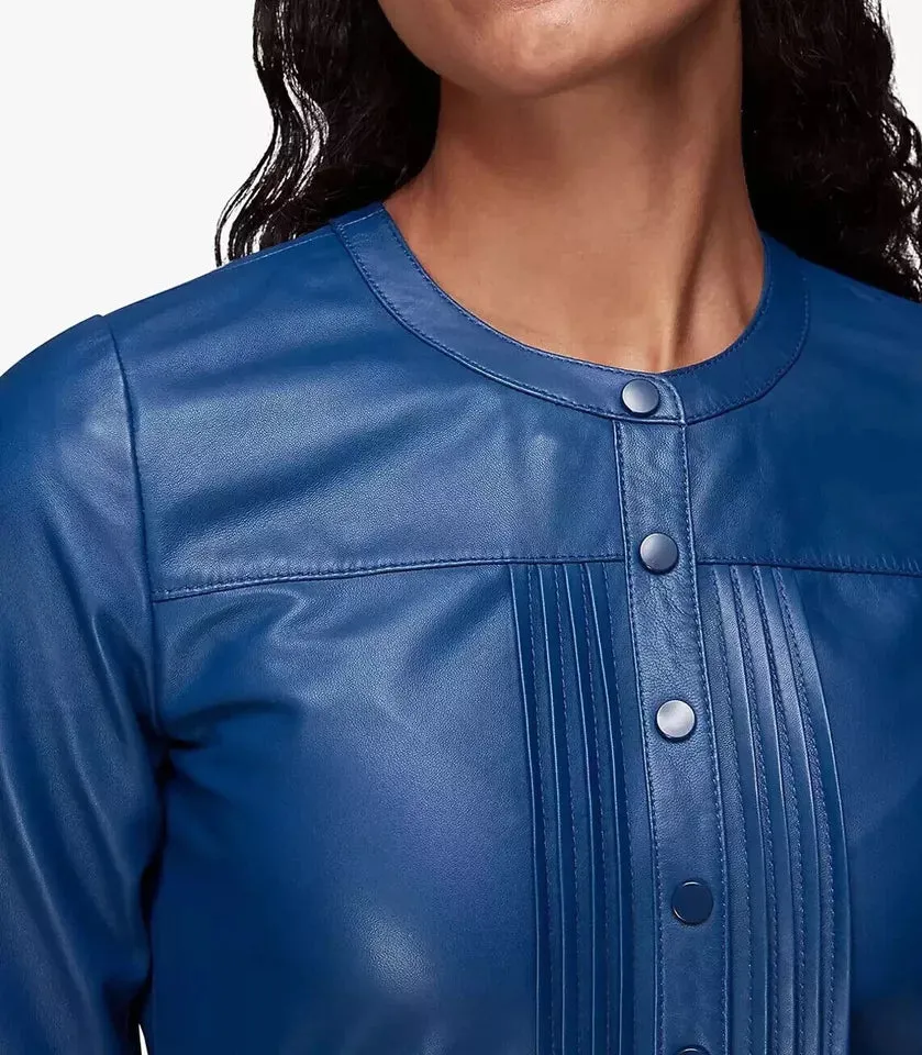 Womens New Blue Designer Leather Dress. Real Soft Sheepskin Leather Casual Dress