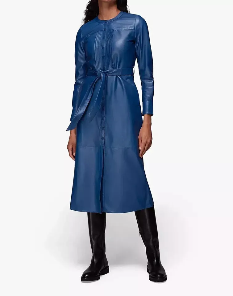Womens New Blue Designer Leather Dress. Real Soft Sheepskin Leather Casual Dress