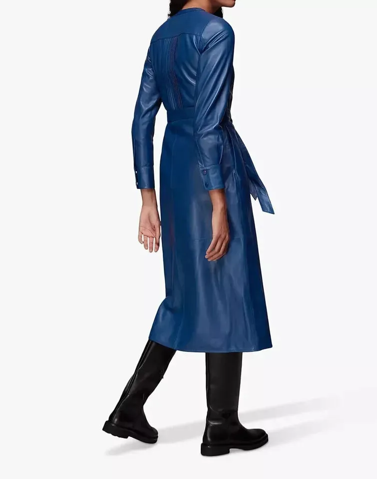 Womens New Blue Designer Leather Dress. Real Soft Sheepskin Leather Casual Dress