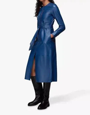Womens New Blue Designer Leather Dress. Real Soft Sheepskin Leather Casual Dress