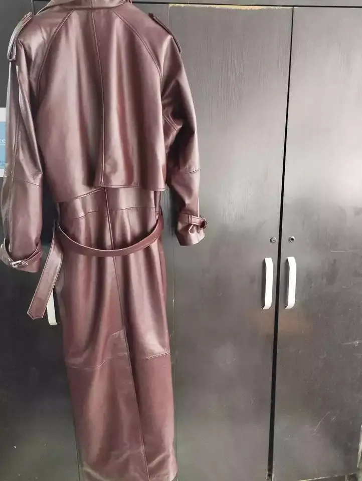 Women's New Burgundy Trench Leather Coat. Real Soft Lambskin Leather Trench Coat