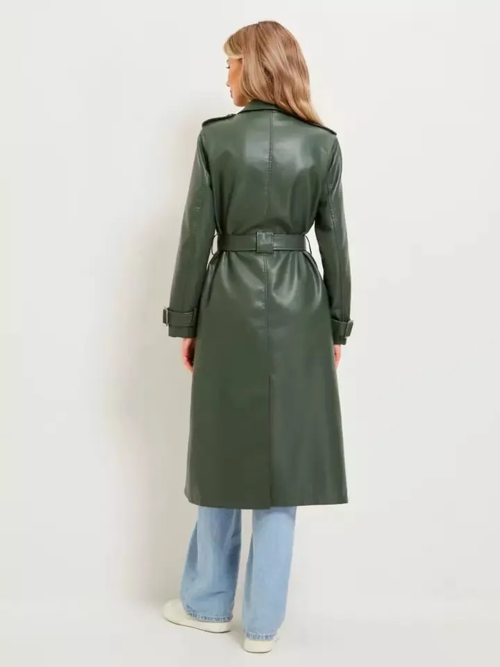 Women's New Trench Leather coat. Real Soft Lambskin Leather. Green Long Coat.