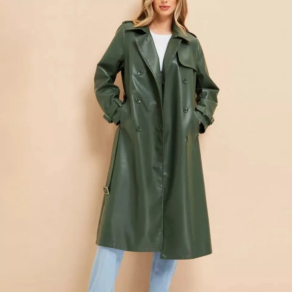 Women's New Trench Leather coat. Real Soft Lambskin Leather. Green Long Coat.