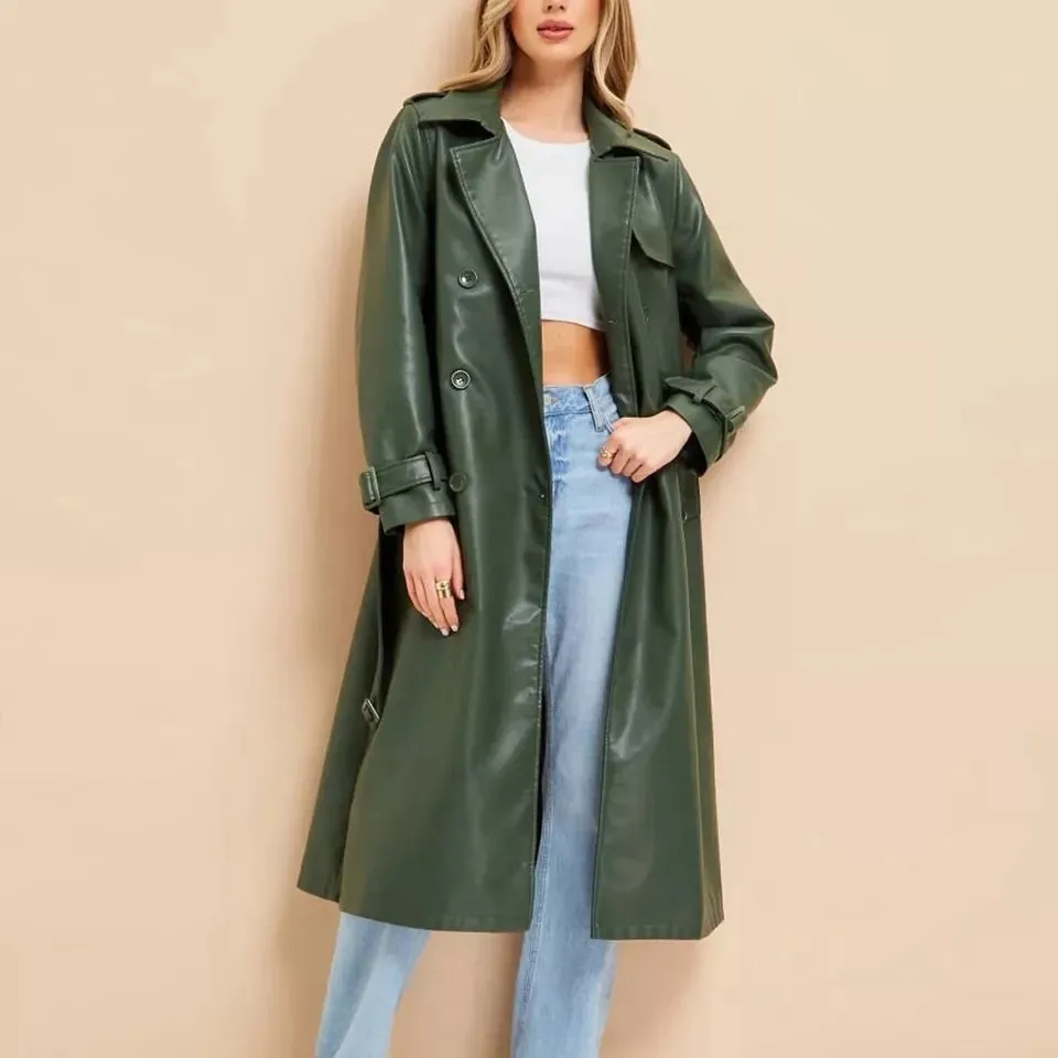 Women's New Trench Leather coat. Real Soft Lambskin Leather. Green Long Coat.