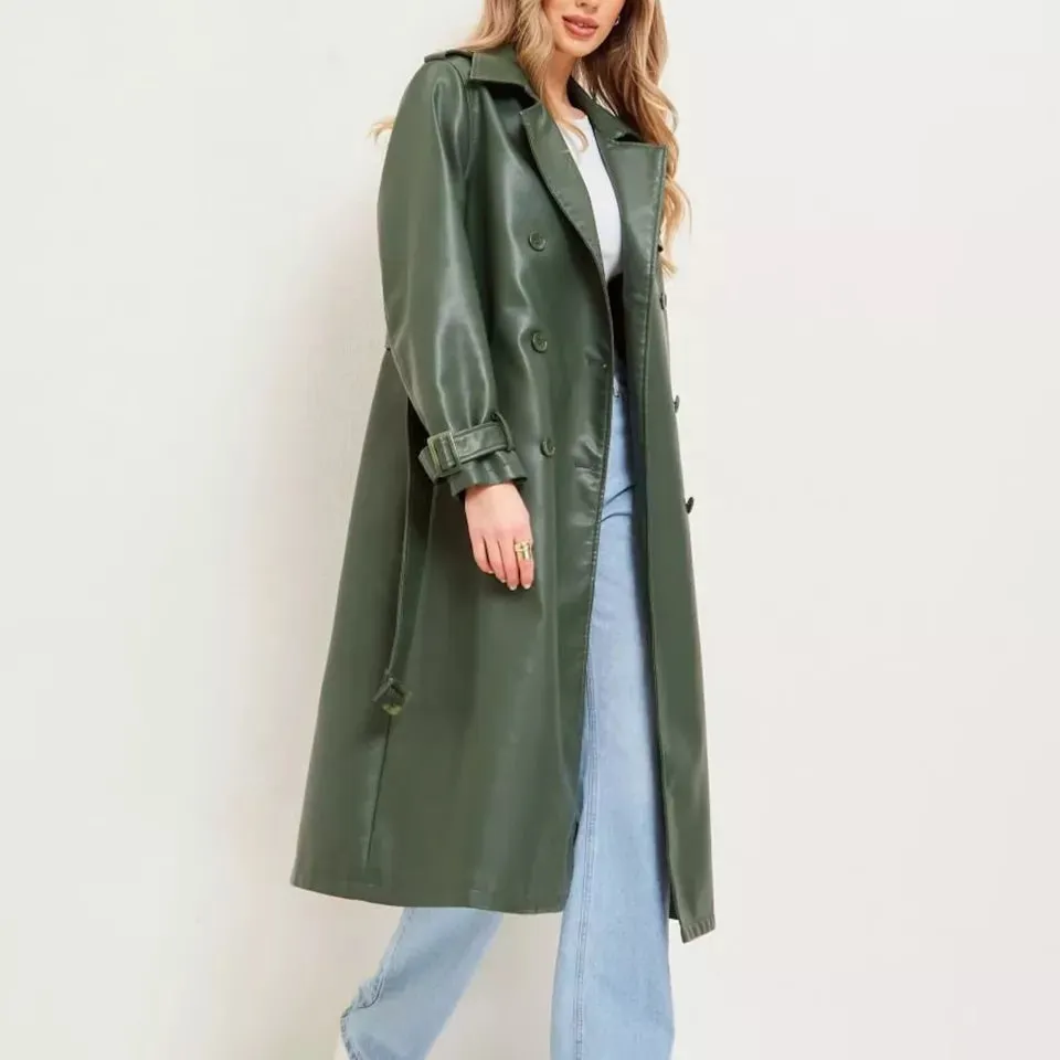 Women's New Trench Leather coat. Real Soft Lambskin Leather. Green Long Coat.