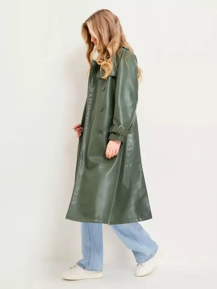 Women's New Trench Leather coat. Real Soft Lambskin Leather. Green Long Coat.