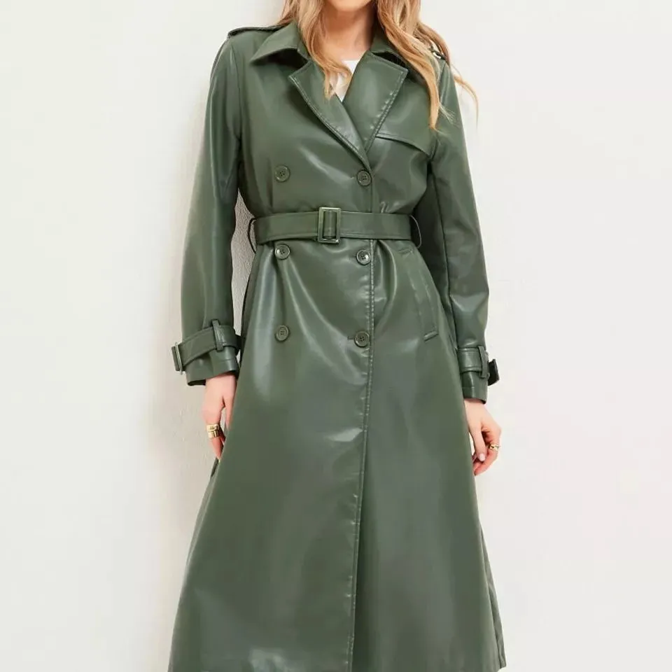 Women's New Trench Leather coat. Real Soft Lambskin Leather. Green Long Coat.