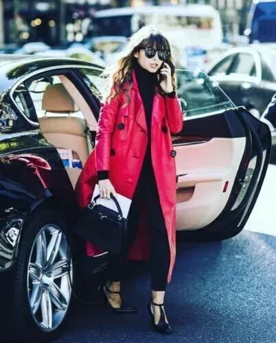 Women's New Trench Leather coat. Real Soft Lambskin Leather Red Long Coat.