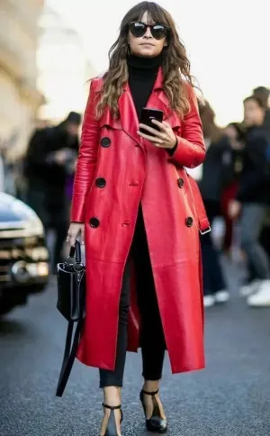 Women's New Trench Leather coat. Real Soft Lambskin Leather Red Long Coat.