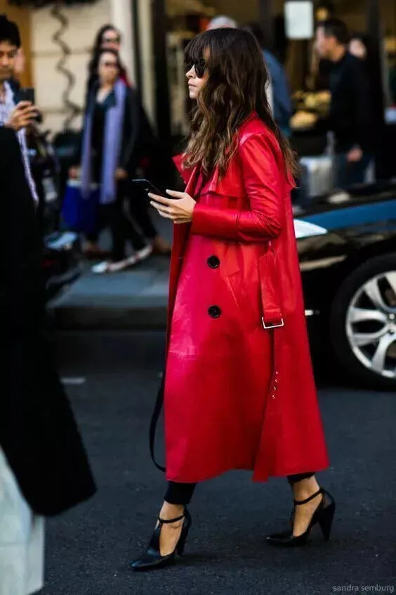 Women's New Trench Leather coat. Real Soft Lambskin Leather Red Long Coat.