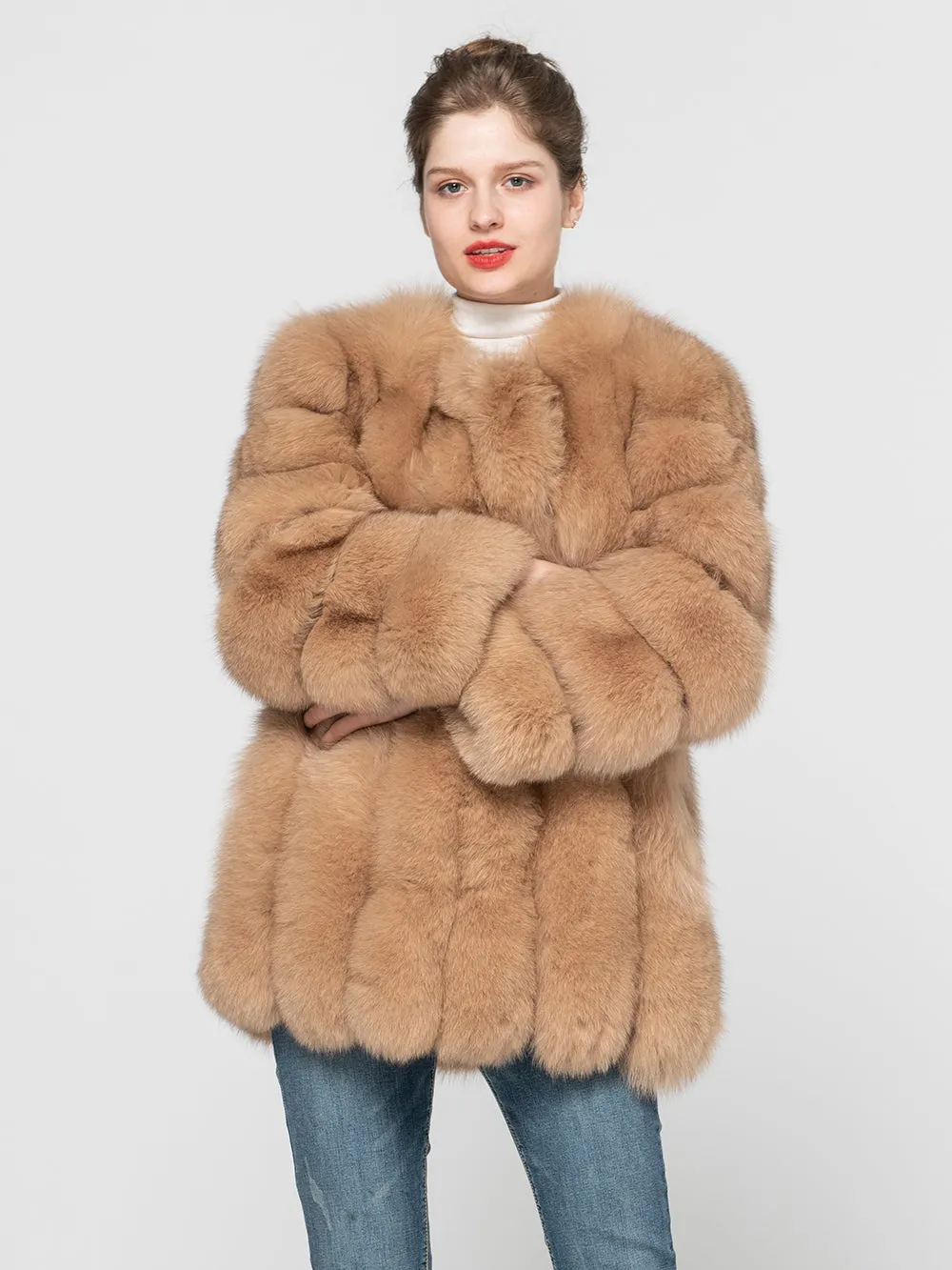 Women's Real Fox Fur Coat Genuine Natural Fur Jacket Vertical Camel Fur
