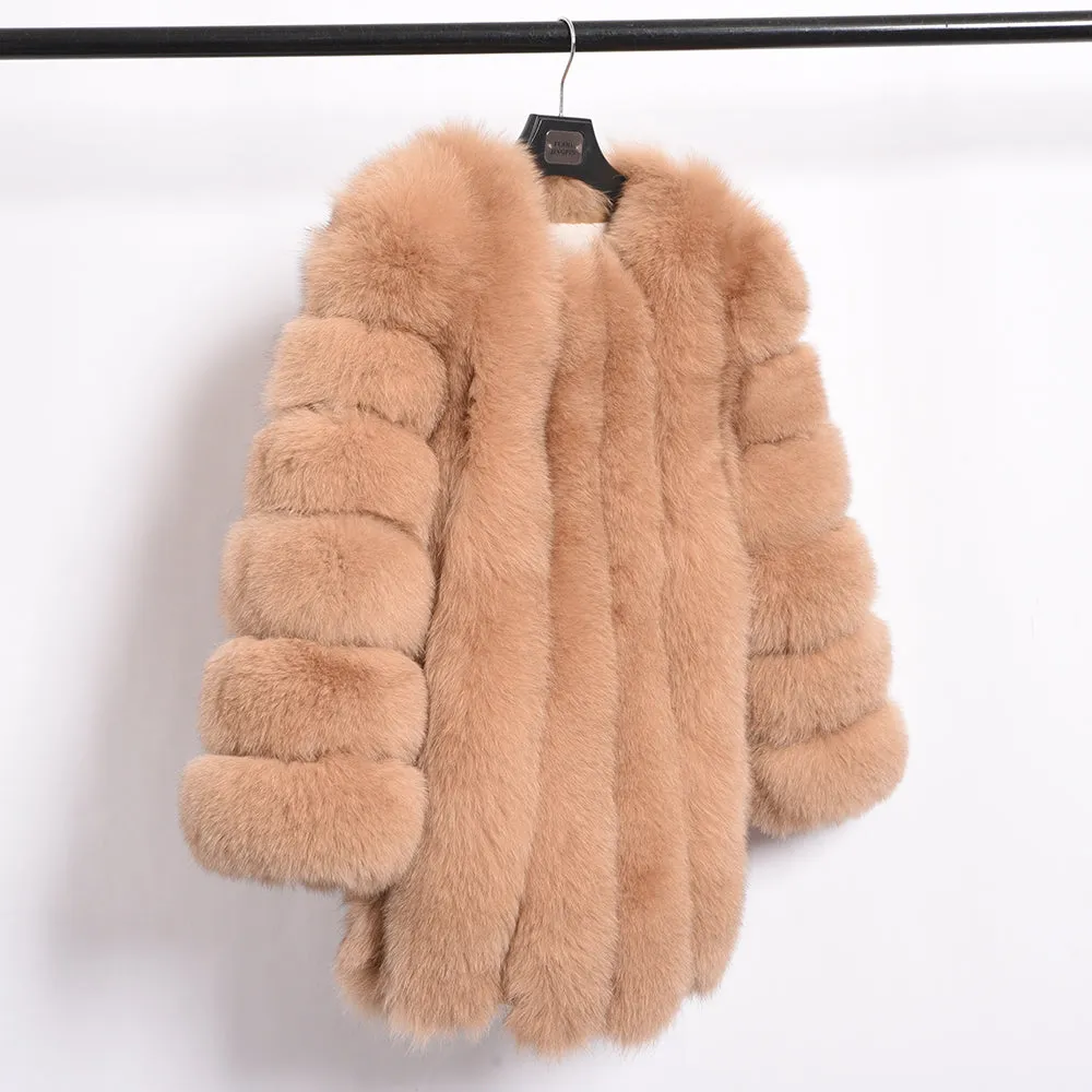 Women's Real Fox Fur Coat Genuine Natural Fur Jacket Vertical Camel Fur