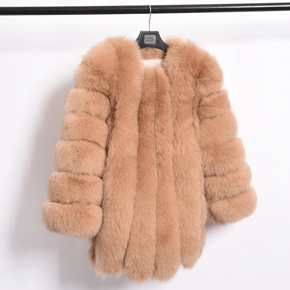 Women's Real Fox Fur Coat Genuine Natural Fur Jacket Vertical Camel Fur