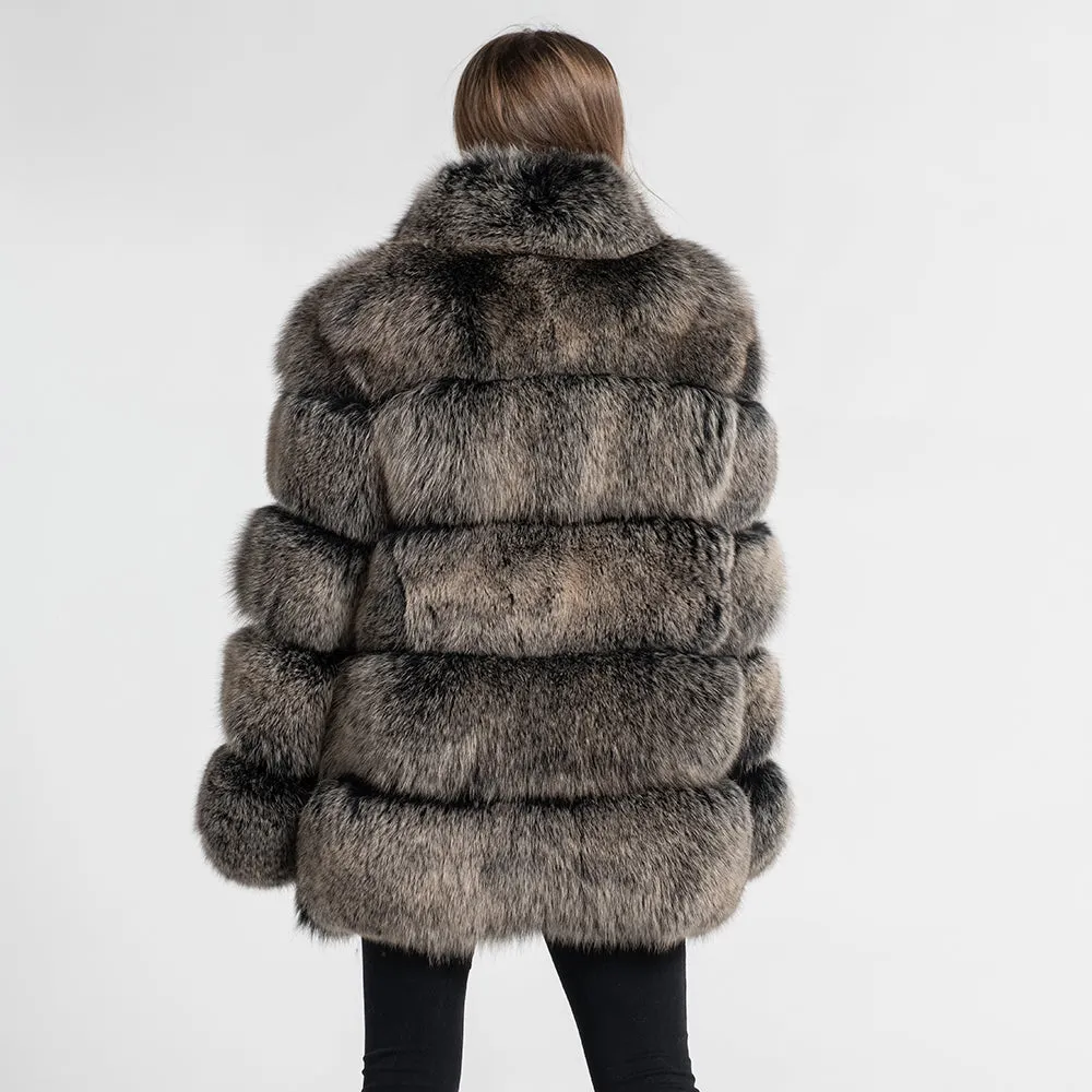 Women's Real Fox Fur Coat Thick Warm Fur Jacket Winter Black Frosted
