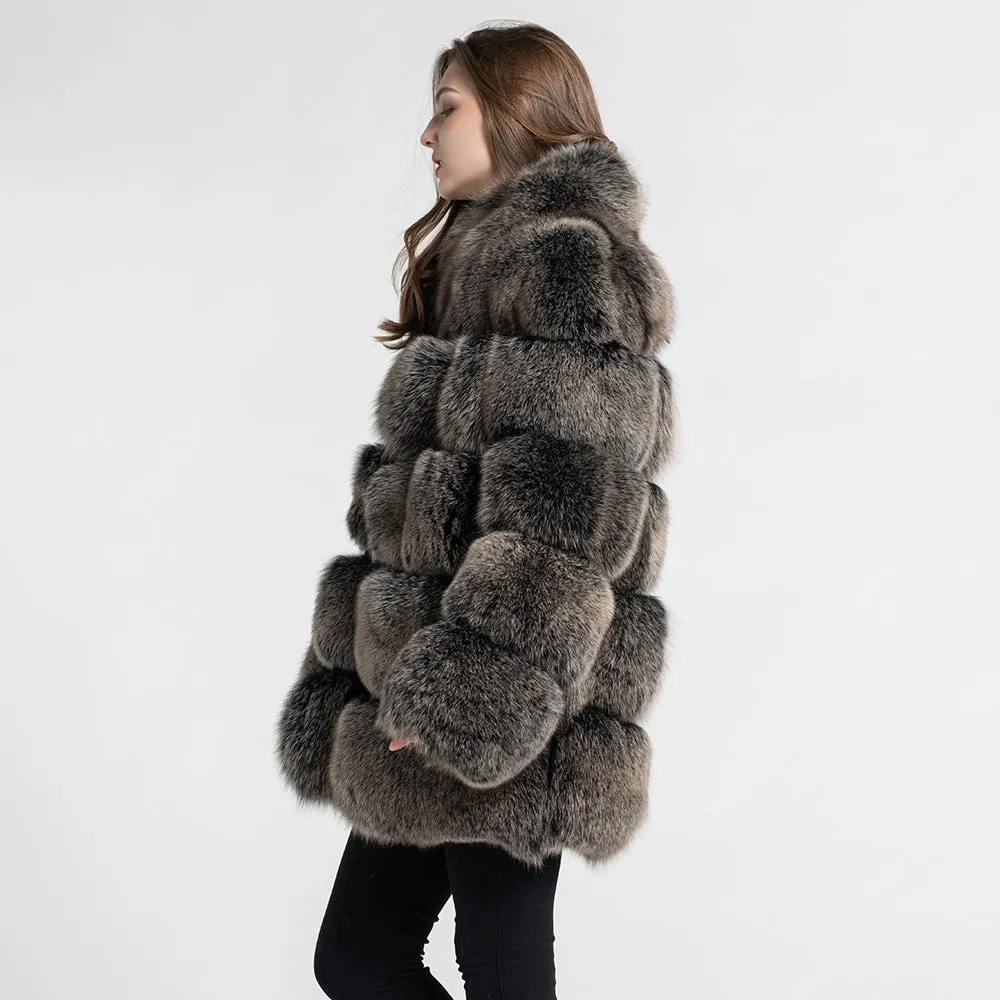 Women's Real Fox Fur Coat Thick Warm Fur Jacket Winter Black Frosted