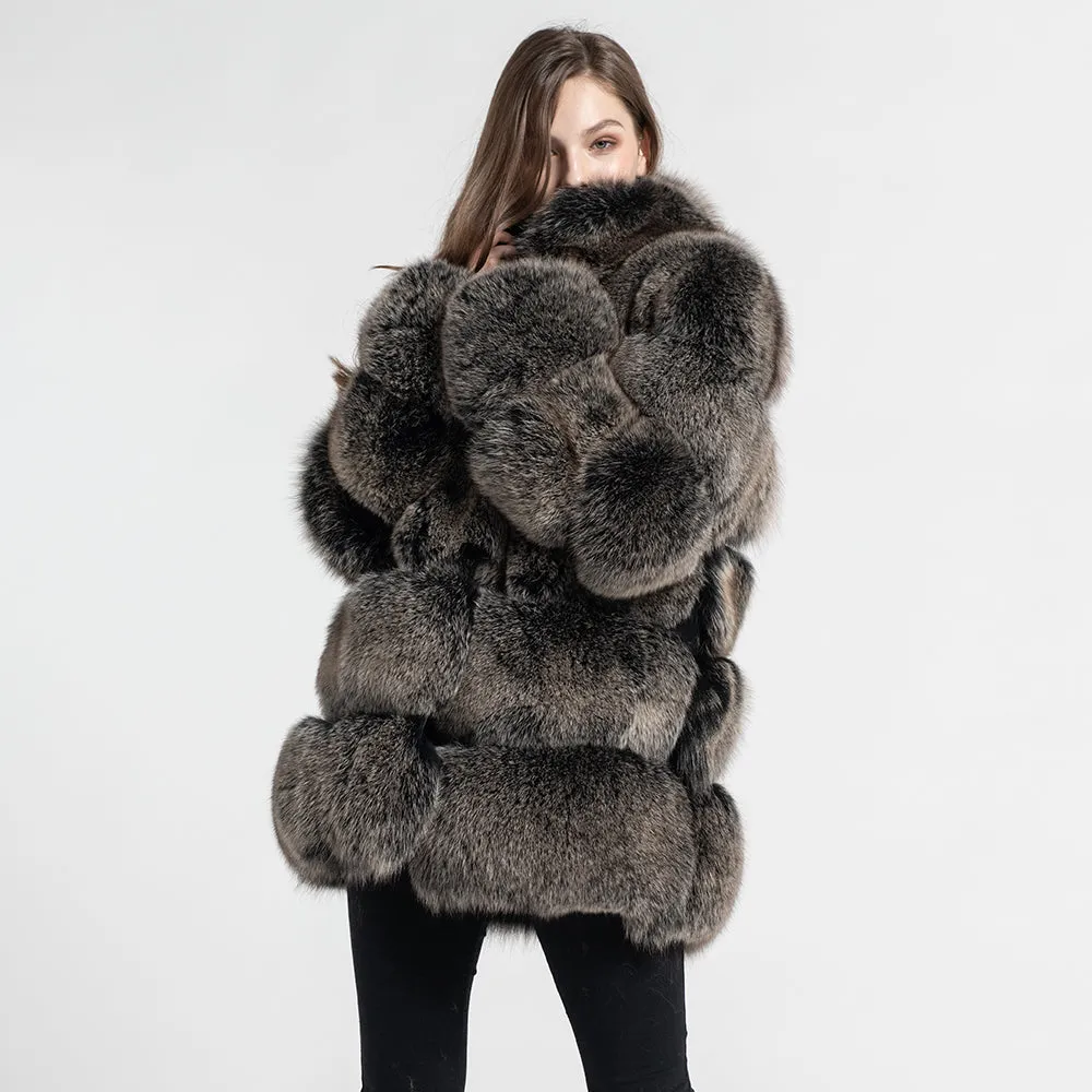 Women's Real Fox Fur Coat Thick Warm Fur Jacket Winter Black Frosted