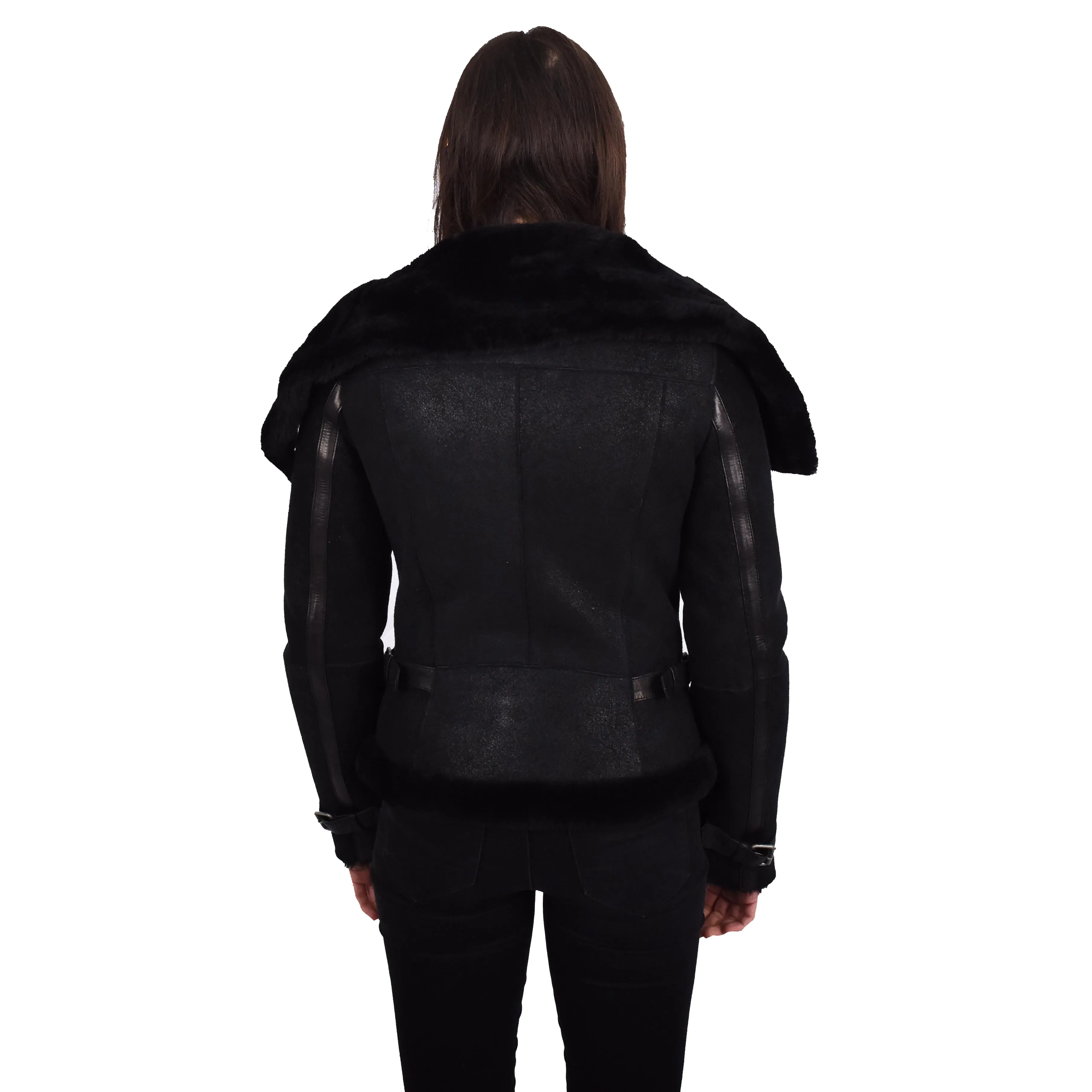Womens Real Merino Sheepskin Leather Jacket Aviator Bomber Style Annalisa Black