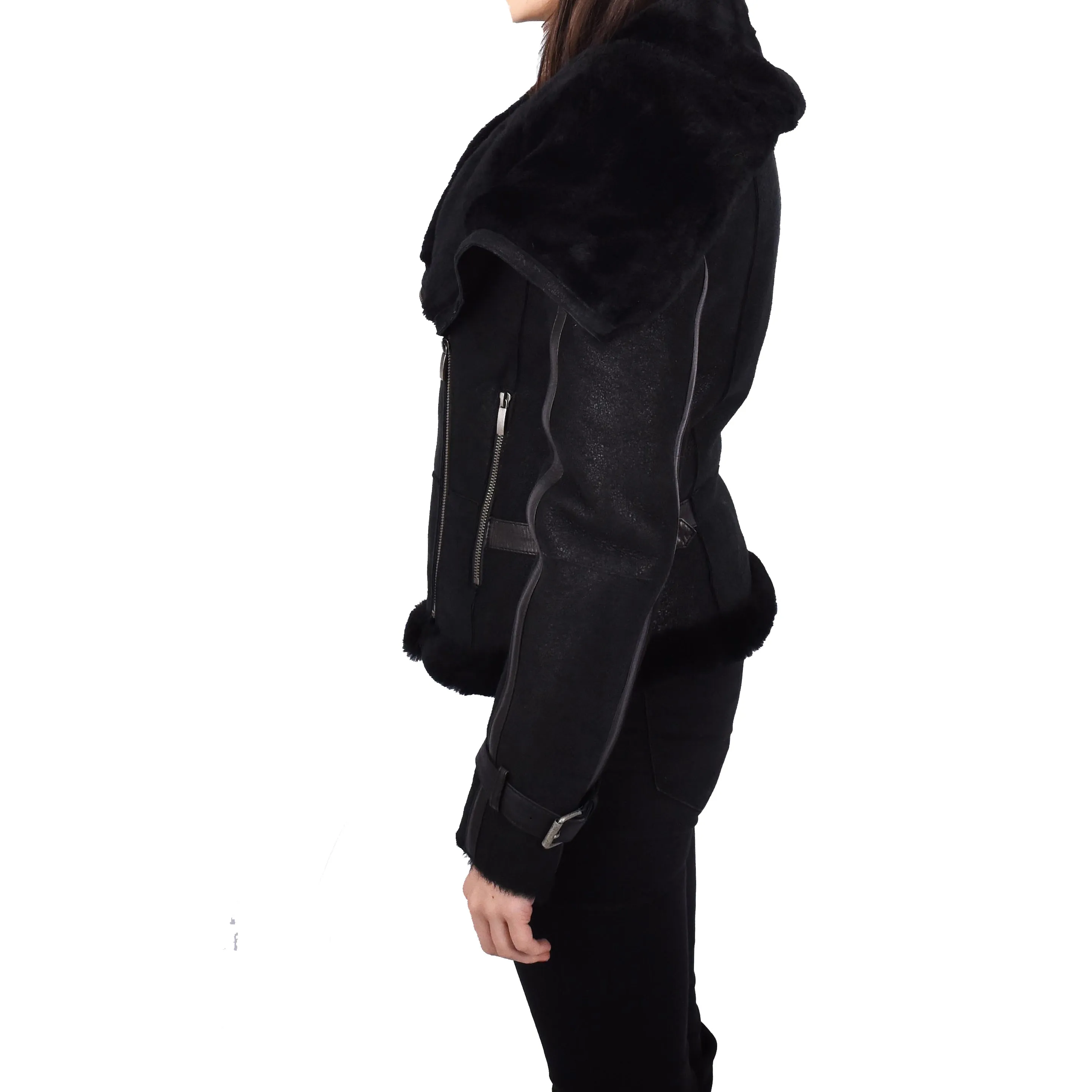 Womens Real Merino Sheepskin Leather Jacket Aviator Bomber Style Annalisa Black