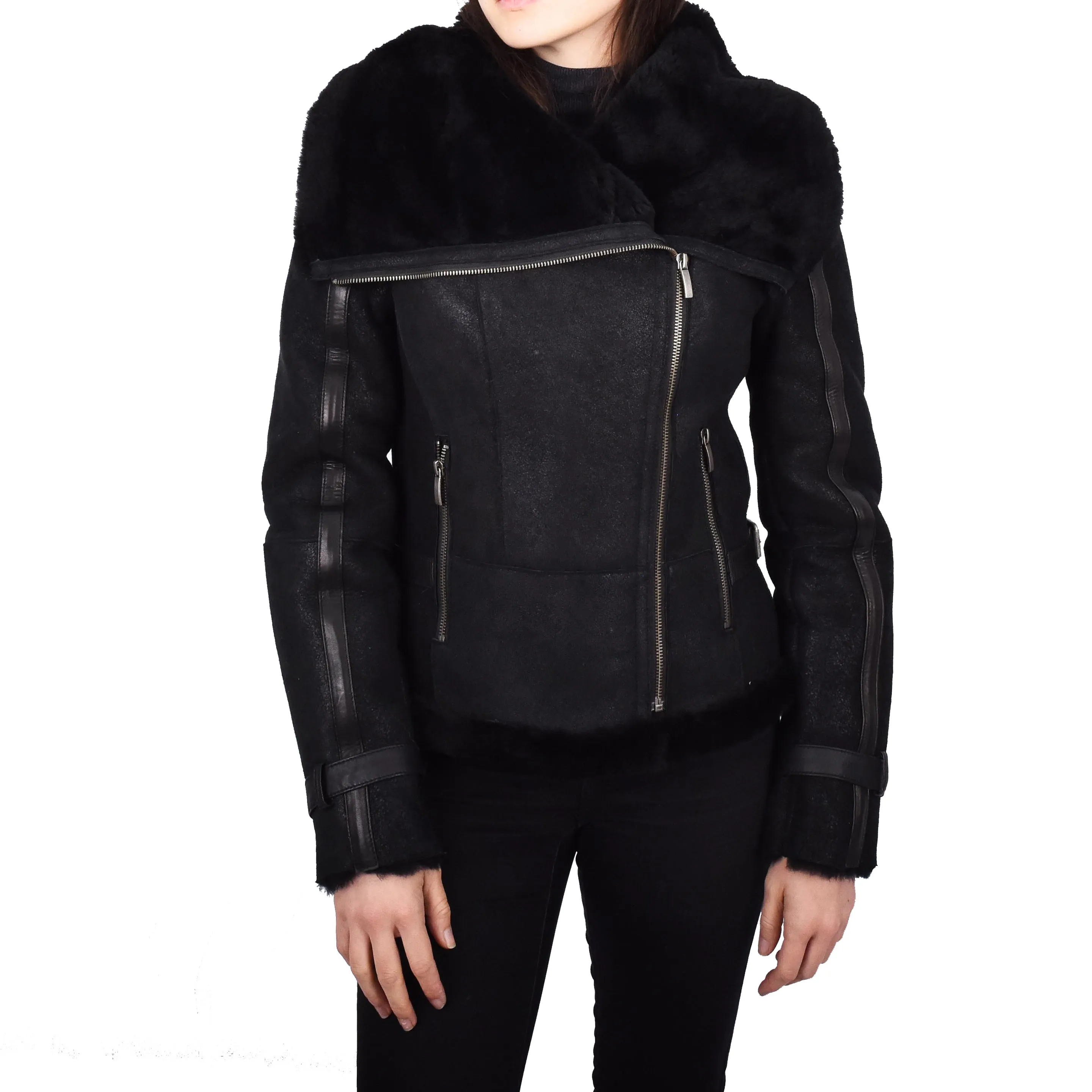 Womens Real Merino Sheepskin Leather Jacket Aviator Bomber Style Annalisa Black