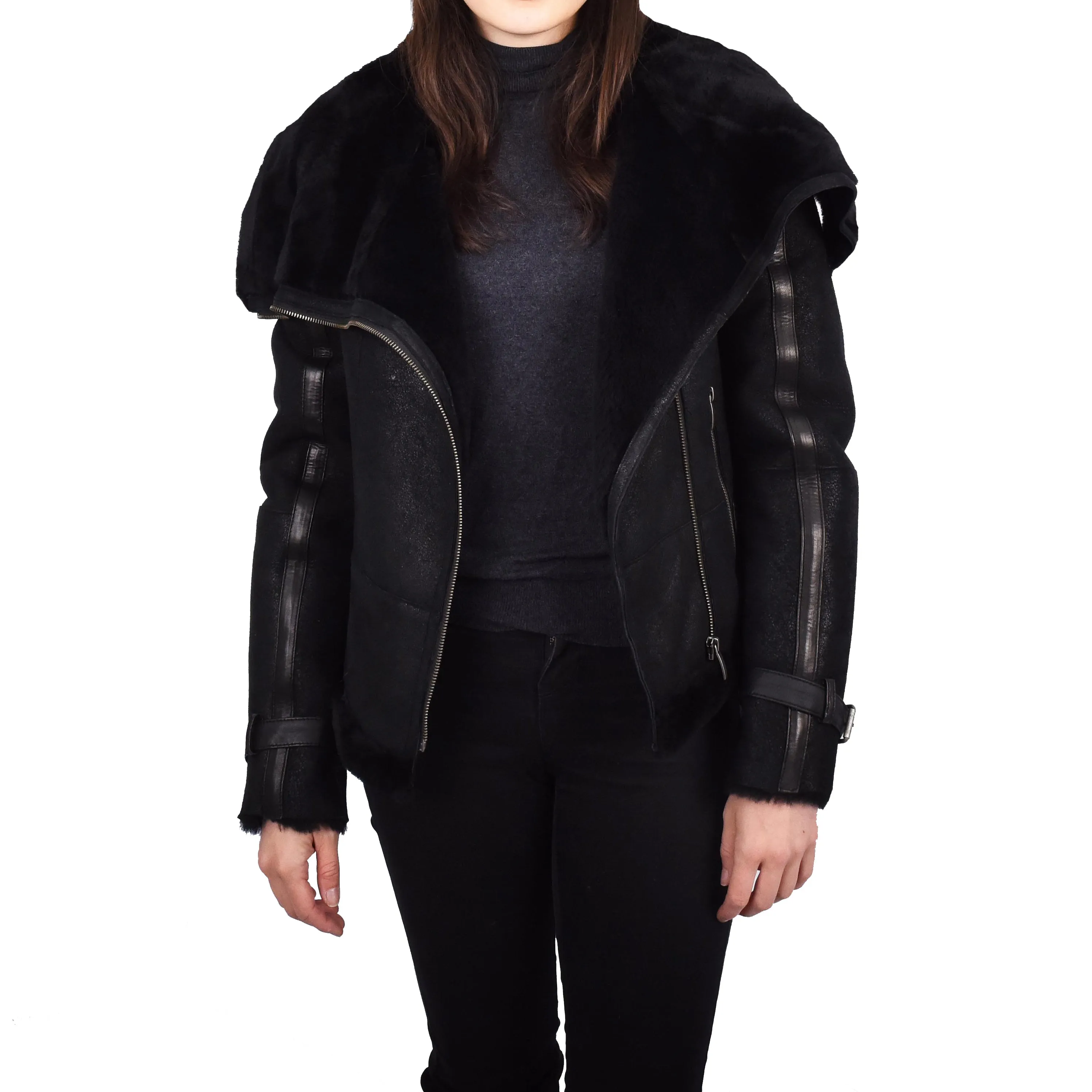 Womens Real Merino Sheepskin Leather Jacket Aviator Bomber Style Annalisa Black