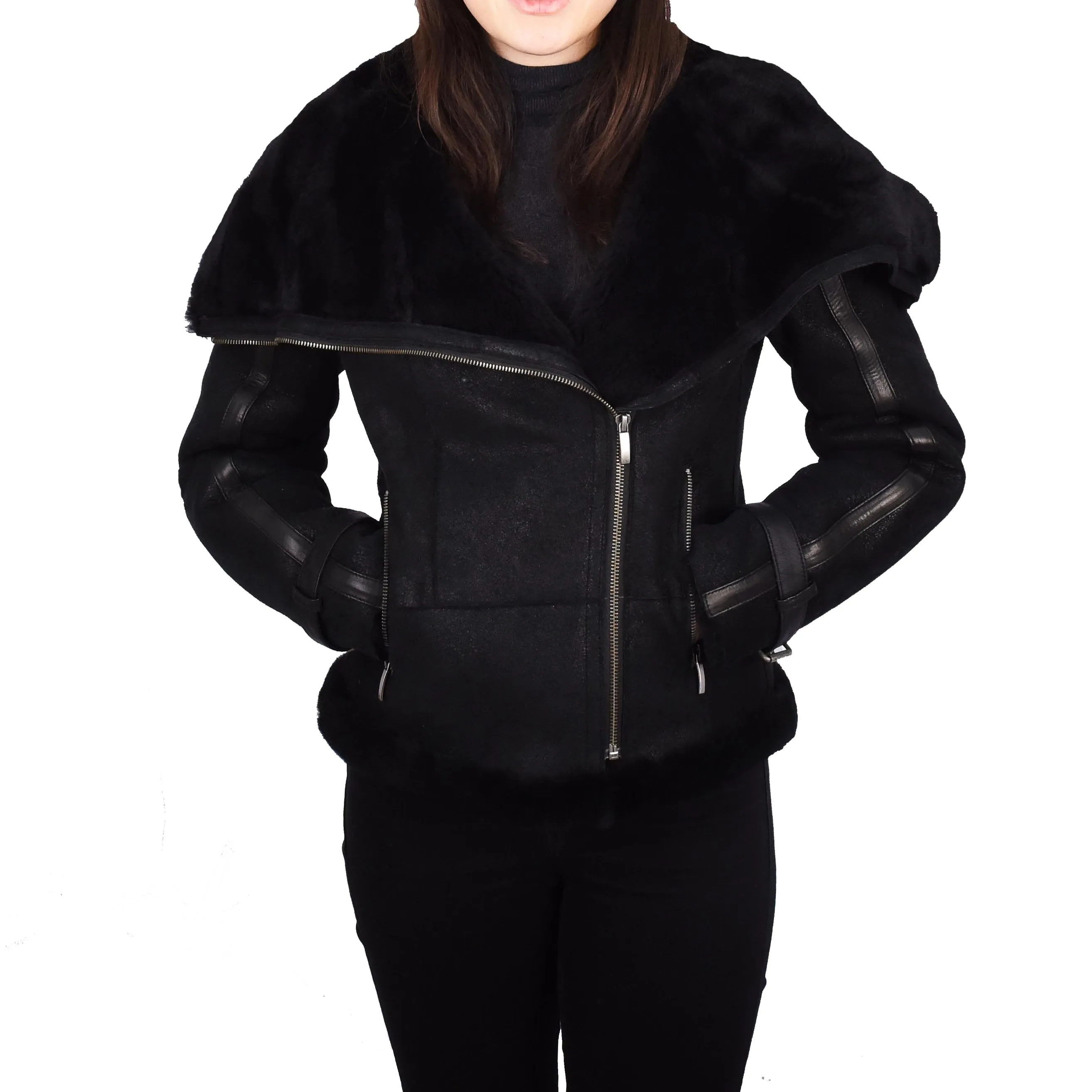 Womens Real Merino Sheepskin Leather Jacket Aviator Bomber Style Annalisa Black