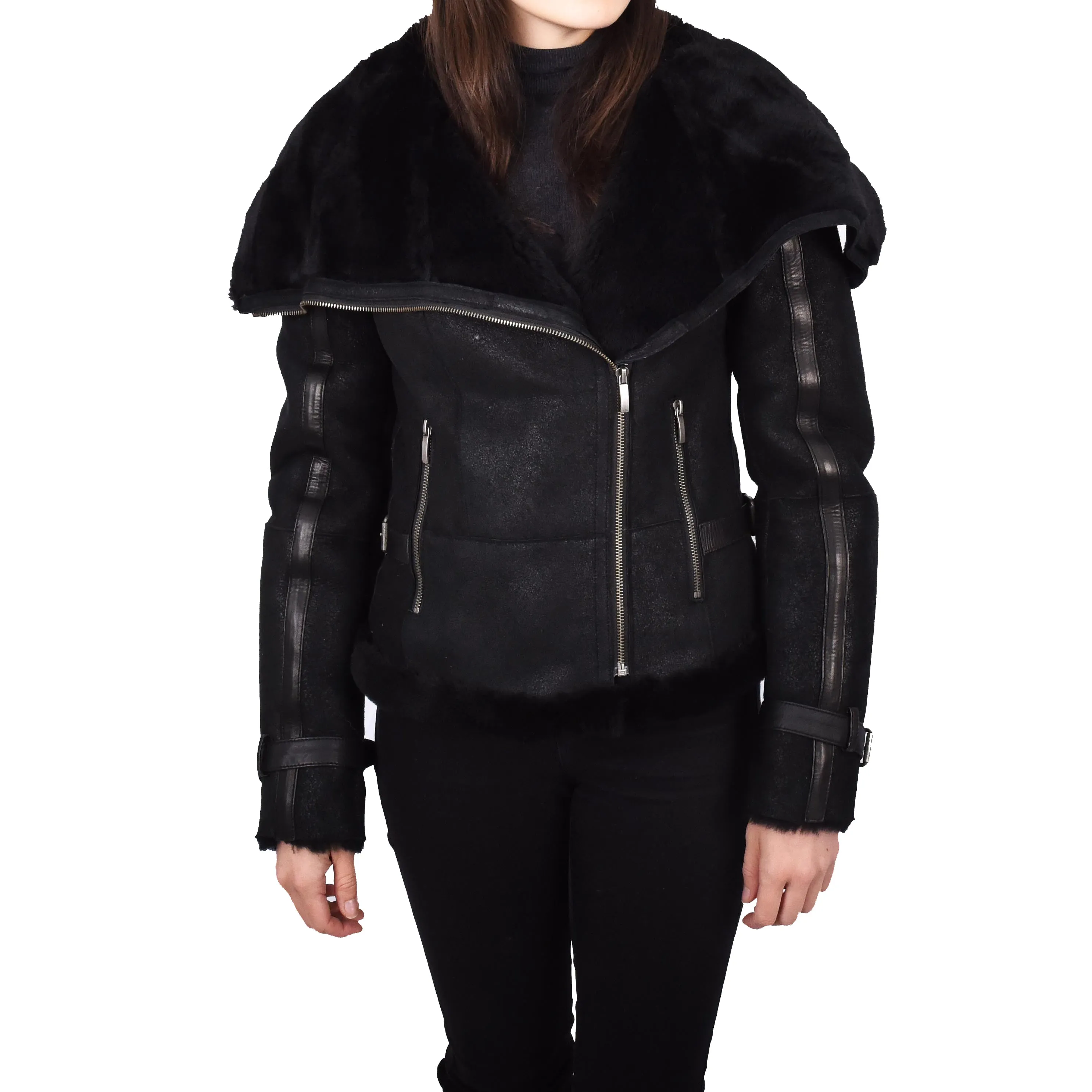 Womens Real Merino Sheepskin Leather Jacket Aviator Bomber Style Annalisa Black
