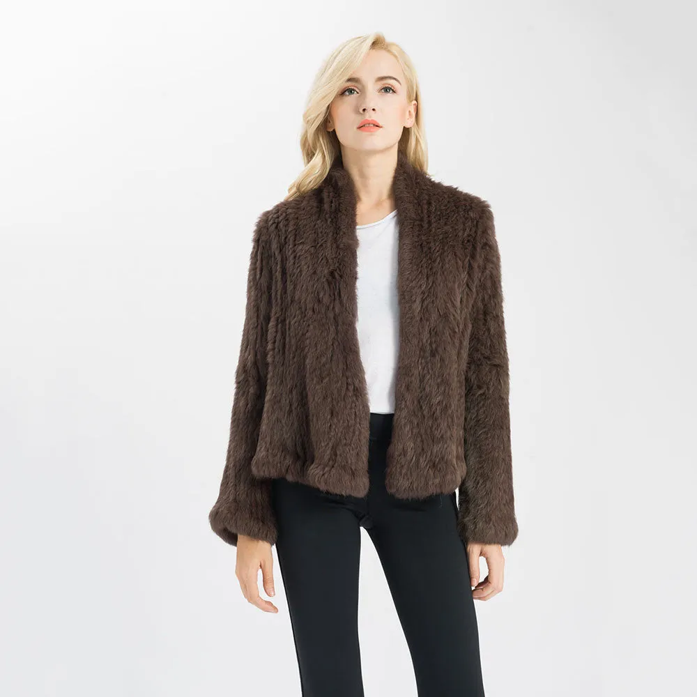 Women's Thick Knitted Real Rabbit Fur Jacket Warm Coat Coffee