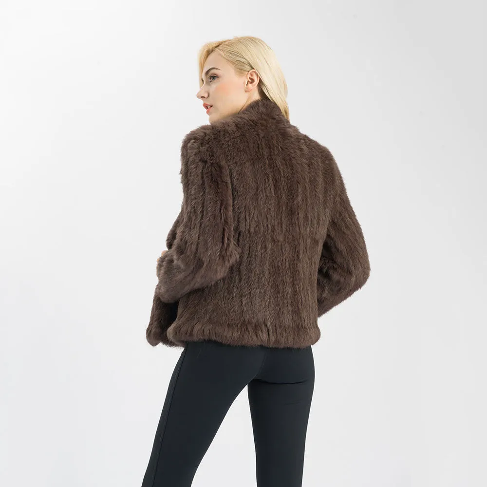 Women's Thick Knitted Real Rabbit Fur Jacket Warm Coat Coffee
