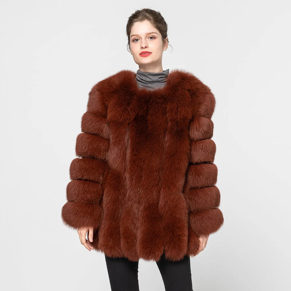 Women's Winter  Real Fox Fur Coats Female Natural Fur Vertical Dark Camel Jackets
