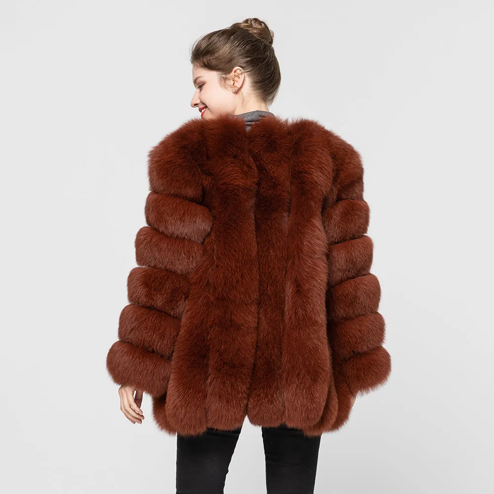 Women's Winter  Real Fox Fur Coats Female Natural Fur Vertical Dark Camel Jackets