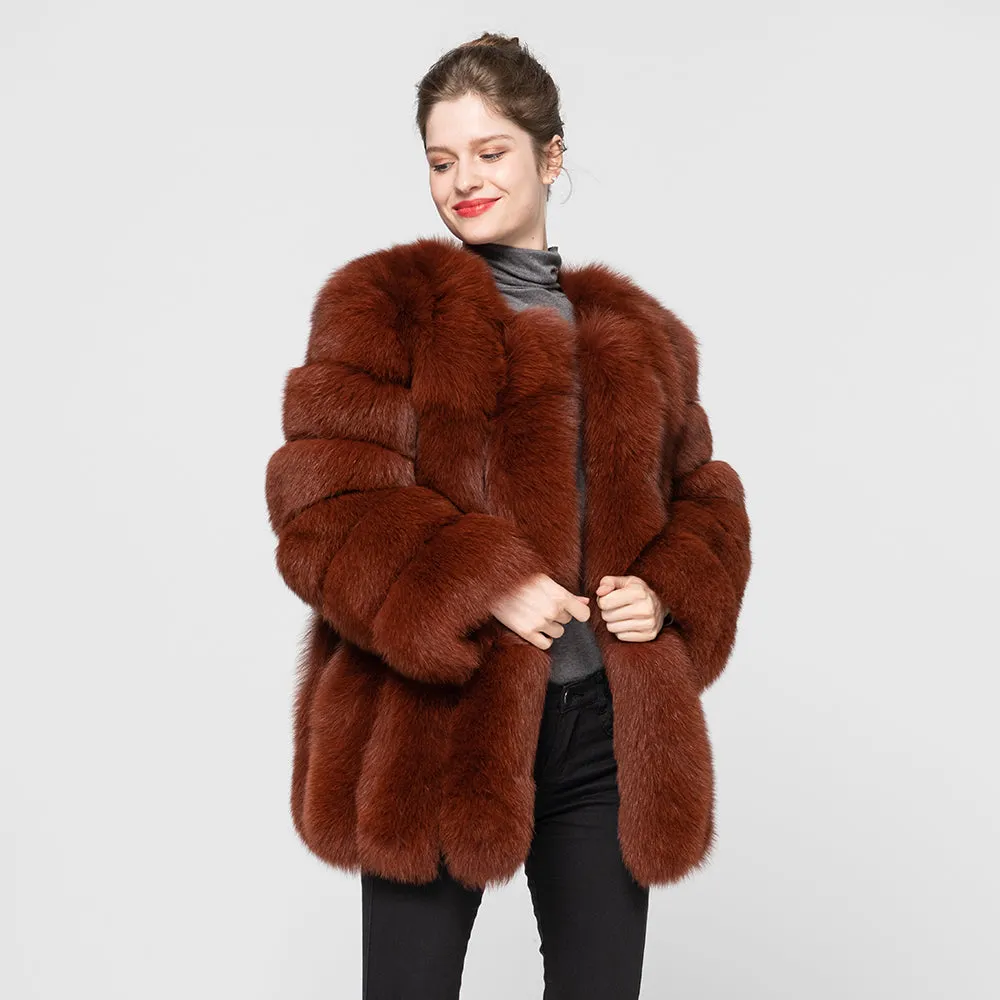 Women's Winter  Real Fox Fur Coats Female Natural Fur Vertical Dark Camel Jackets