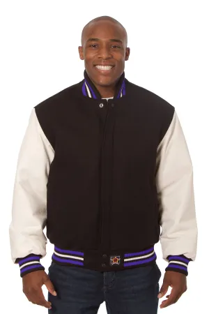 Wool and Leather Varsity Jacket in Black and White