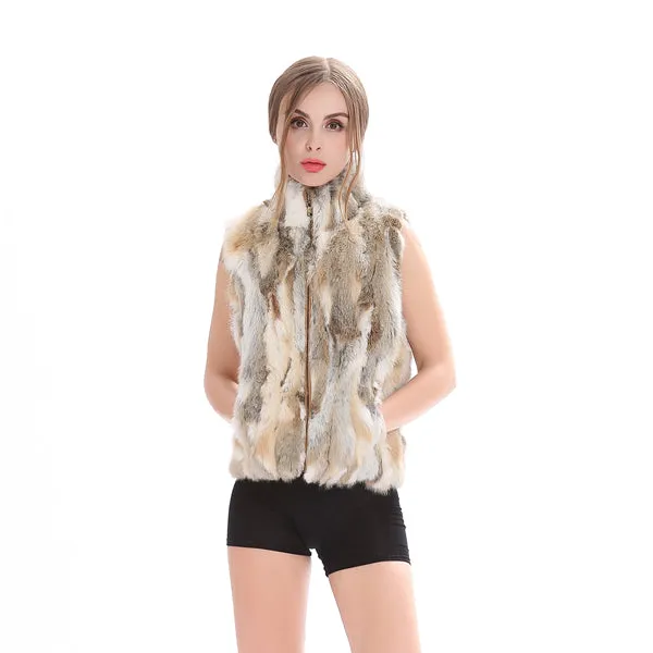 ZY88041-1 Autumn Genuine Natural Fur Rabbit Fur Vest Mandarin Collar Winter Women Fur Waistcoat Female Outerwear Coats Gilet